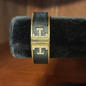 Vintage MX sighned Brass, Leather and Crystal Bracelet